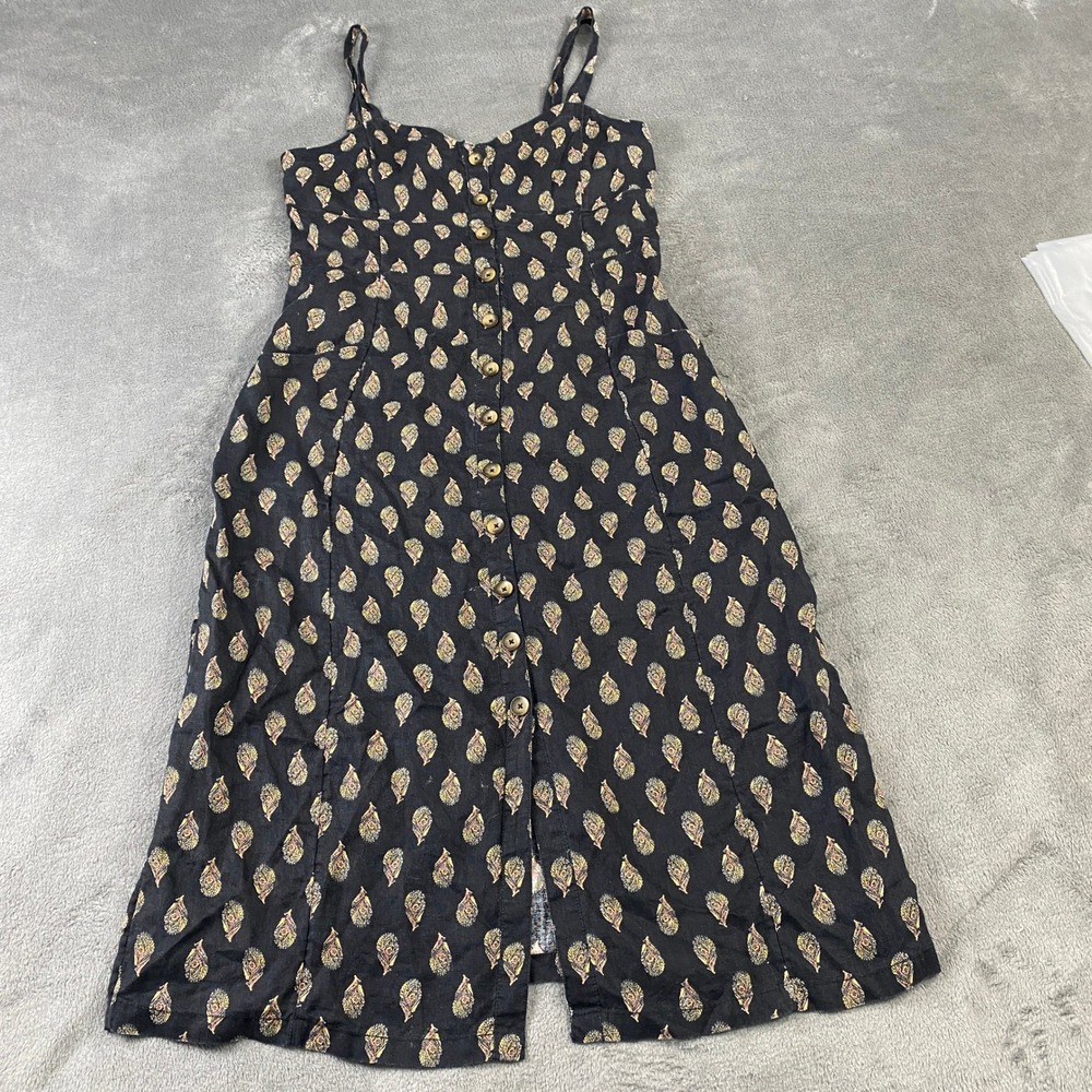 FatFace Dress Womens 12 Black Woodblock Corey Linen Button Smocked Back Pockets